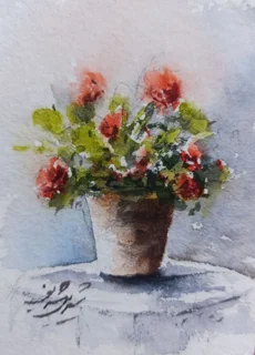 نقاشی آبرنگ گلدان گل سرخ