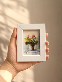 نقاشی آبرنگ گلدان گل سرخ