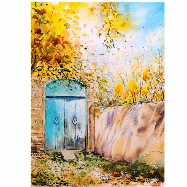 نقاشی آبرنگ انتهای کوچه باغ
