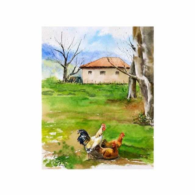 نقاشی آبرنگ حیاط روستایی