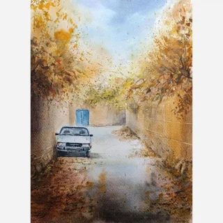 نقاشی آبرنگ کوچه پاییزی