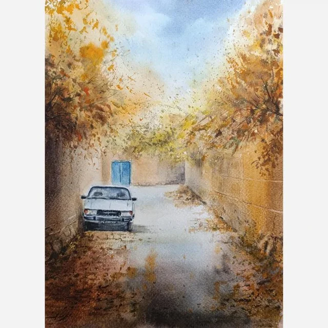 نقاشی آبرنگ کوچه پاییزی